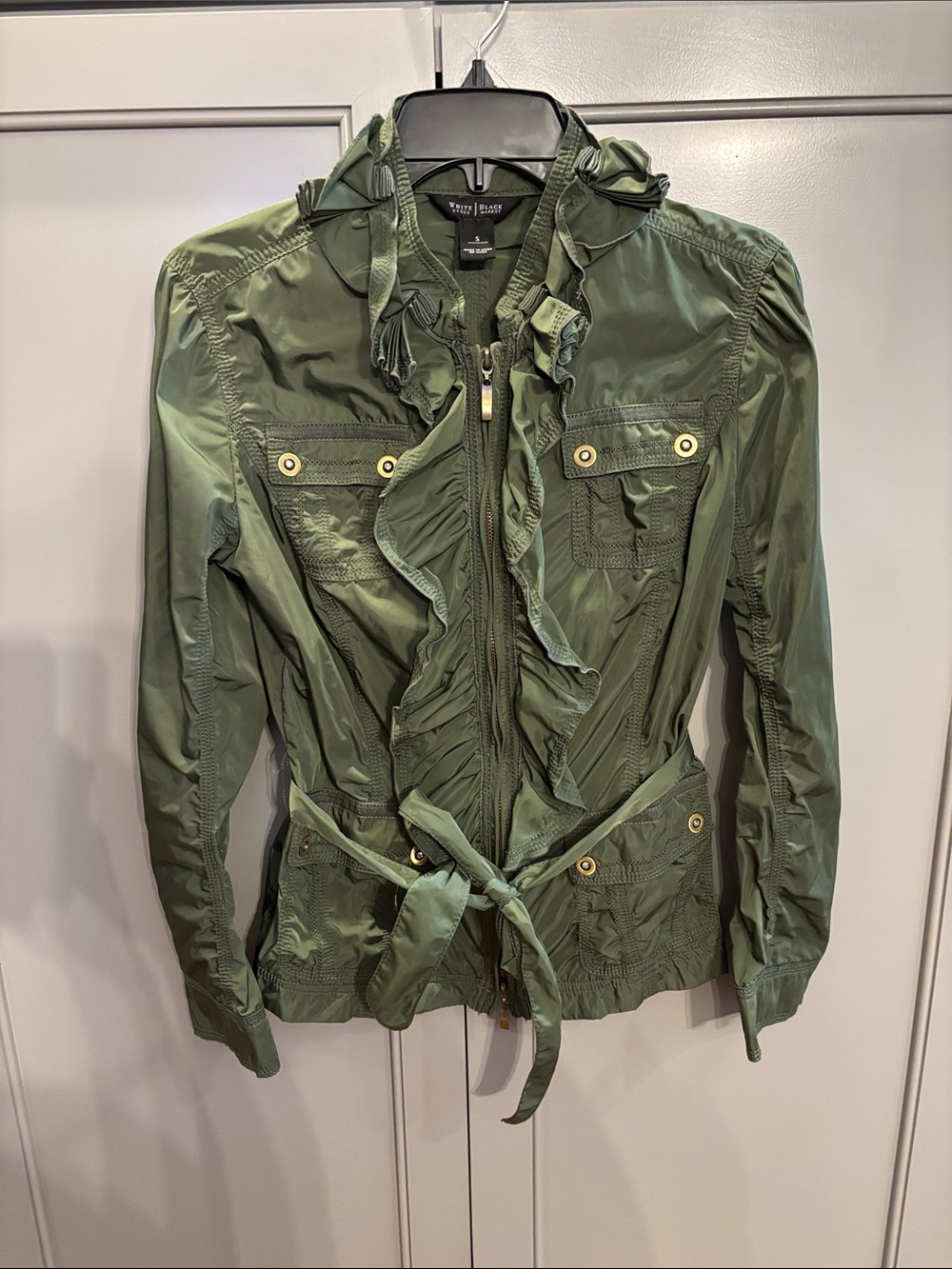 White House Black Market Ruffle Utility Jacket Olive Green S